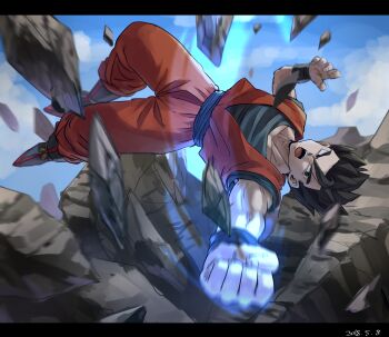 1boy 2018 black_border black_eyes black_hair blue_sky border breaking clenched_hand commentary_request dated dougi dragon_ball dragonball_z floating_hair highres kometubu0712 leg_up looking_to_the_side male_focus motion_blur muscular muscular_male open_mouth potential_unleashed rock short_hair single_bang sky solo son_gohan spiked_hair wristband