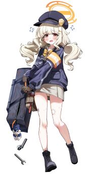 Rule 34 | 1girl, absurdres, aoba (blue archive), armband, bag, bag charm, bandage on thigh, black boots, blonde hair, blue archive, blue hat, blue jacket, blush, boots, bow, bowtie, brown skirt, bruise, bruise on leg, charm (object), commentary request, duffel bag, flying sweatdrops, full body, halo, hat, highres, holding, holding bag, injury, jacket, long hair, looking at viewer, low twintails, miniskirt, newsboy cap, open mouth, orange armband, orange bow, orange bowtie, orange eyes, orange halo, panties, pantyshot, polka dot, polka dot panties, sak (lemondisk), simple background, skirt, small sweatdrop, solo, tearing up, twintails, underwear, white background, wrench, yellow panties