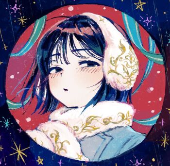 1girl black_eyes blue_border blue_coat blue_hair blush border choppy_bangs coat ear_cuffs fur-trimmed_coat fur_mittens fur_trim looking_at_viewer mittens okubatomaeba original parted_lips portrait short_hair solo white_mittens