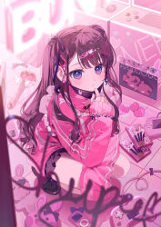 Rule 34 | 1girl, a20 (atsumaru), apron, bandaid, black footwear, black skirt, brown hair, butterfly hair ornament, commentary, controller, crane game, digital media player, earrings, food, game controller, hair ornament, hair ribbon, hairclip, heart, heart earrings, highres, jacket, jersey maid, jewelry, long hair, maid, maid apron, mask, mask pull, mouth mask, original, pin, pink jacket, pink stuffed animal, pocky, purple eyes, rabbit pin, revision, ribbon, ring, skirt, solo, squatting, stuffed toy, track jacket, unconventional maid