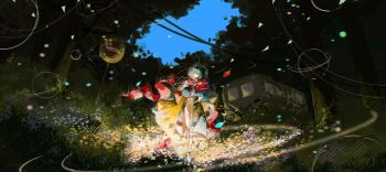 Rule 34 | 1boy, abandoned, absurdres, air bubble, androgynous, black cape, black coat, black hair, blue sky, bubble, cape, chinese commentary, closed mouth, coat, commentary request, eclia, floating clothes, floating scarf, flower, foliage, forest, full body, glowing, grass, highres, klein moretti, long scarf, long sleeves, lord of the mysteries, male focus, medium hair, merlin hermes, nature, open clothes, open coat, outdoors, overgrown, pants, power lines, red scarf, scarf, short hair, sky, solo, standing, train, transmission tower, tree, two-sided cape, two-sided fabric, underlighting, wide shot, wind, yellow cape