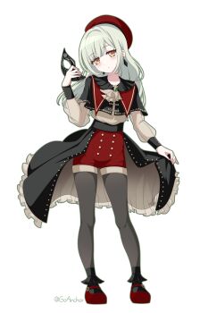1girl absurdres ascot bang_dream! bang_dream!_it's_mygo!!!!! beret black_capelet black_mask black_skirt capelet closed_mouth commentary earrings goanchor green_hair grey_pantyhose hat highres holding holding_mask holding_own_skirt jewelry long_hair looking_at_viewer mask mortis_(bang_dream!) mortis_(costume)_(bang_dream!) mouth_mask pantyhose pantyhose_under_shorts red_hat red_shirt shirt shorts showgirl_skirt simple_background skirt solo wakaba_mutsumi white_ascot white_background yellow_eyes