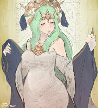 1girl 2019 absurdres adjusting_clothes blush breasts brown_background church clenched_hand collarbone commentary dated dress elbow_gloves english_commentary female_focus fingerless_gloves fingernails fire_emblem fire_emblem:_three_houses flower gloves grey_dress hair_flower hair_ornament hair_over_shoulder hairdressing highres indoors intelligent_systems jewelry large_breasts lips long_hair looking_at_viewer necklace nintendo off_shoulder outline rhea_(fire_emblem) sidelocks solo standing thick_lips tiara very_long_hair videajames