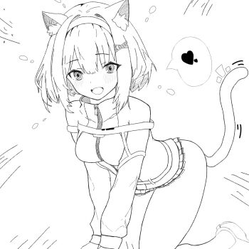 1girl :d all_fours animal_ear_fluff animal_ears blush breasts cat_ears cat_girl cat_tail commentary copyright_notice emphasis_lines fang feet_out_of_frame fish_hair_ornament hair_between_eyes hair_ornament hairband heart heaven_burns_red highres jacket kemonomimi_mode long_sleeves looking_at_viewer medium_breasts medium_hair microskirt monochrome motion_lines ooshima_muua open_mouth oyakodon451 pleated_skirt sidelocks simple_background skin_fang skirt smile solo speech_bubble spoken_heart tail tail_raised thighs white_background yellow_jacket zipper