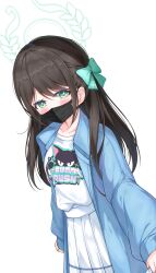 Rule 34 | 1girl, absurdres, airi (band) (blue archive), airi (blue archive), black hair, black mask, blue archive, blue jacket, blush, collarbone, green eyes, green halo, halo, highres, jacket, jin tian xiang dian sha, long hair, long sleeves, looking at viewer, mask, mouth mask, official alternate costume, open clothes, open jacket, pleated skirt, shirt, simple background, skirt, solo, white background, white shirt, white skirt