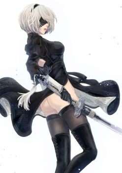 1girl 2b_(nier:automata) ass black_dress black_hairband blindfold boots covered_eyes dress feather-trimmed_sleeves feather_trim gloves hairband highres juliet_sleeves leotard long_sleeves mitsuki_nite nier:automata nier_(series) puffy_sleeves short_hair simple_background solo thighhighs thighhighs_under_boots thong_leotard virtuous_contract white_background white_hair white_leotard