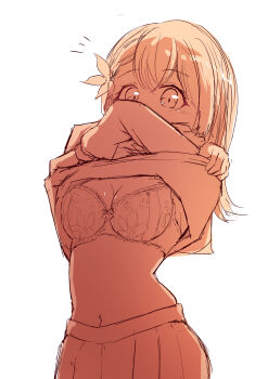 1girl absurdres bra breasts caffeine_nt cleavage clothes_lift flower hair_flower hair_ornament hanasato_minori highres lifting_own_clothes long_hair looking_at_viewer monochrome navel pleated_skirt project_sekai school_uniform serafuku shirt_lift simple_background sketch skirt solo underwear undressing white_background