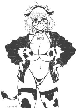 1girl animal_ears animal_print areola_slip bell bikini blush bones_(company) bra breasts cleavage collarbone cow_ears cow_girl cow_horns cow_print cow_tail cowbell cowgirl_outfit elbow_gloves female_focus full_body glasses gloves godzilla_(series) godzilla_singular_point hands_on_own_hip headgear horns jacket kamino_mei large_breasts long_glove looking_at_viewer messy_hair mindwipe monochrome navel neck_bell orange_(company) panties short_hair smile solo swimsuit tail thick_thighs thighhighs thighs toho underwear white_background white_bikini white_gloves white_panties white_thighhighs