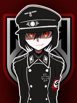 1girl armband black_hair black_jacket closed_mouth collar_tabs hat highres jacket koalakanru long_sleeves looking_at_viewer military military_hat military_uniform nazi original peaked_cap red_armband red_background red_eyes short_hair shoulder_boards simple_background smile solo sven_hoffmann swastika upper_body world_war_ii yellow_eyes
