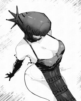 1girl absurdres apron bomb_devil_(chainsaw_man) breasts chainsaw_man dynamite elbow_gloves explosive gloves greyscale highres large_breasts miregeist monochrome object_head panties solo teeth underwear