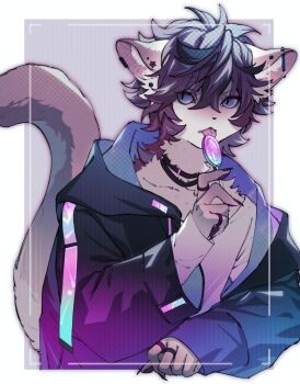 1boy blue_eyes body_fur candy cat_boy claws commentary ear_piercing food fuji_166 furry furry_male grey_fur holding holding_candy holding_food holding_lollipop jacket jewelry licking lollipop long_hair looking_at_viewer male_focus multiple_rings open_clothes open_jacket original piercing purple_background purple_hair purple_jacket ring slit_pupils solo striped_background symbol-only_commentary tail tongue tongue_out upper_body