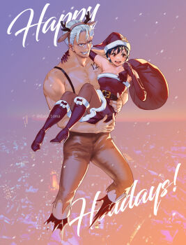 andy_(undead_unluck) animal_ears antlers belt blue_eyes boots bow bowtie breasts brown_pants carrying chest_tattoo christmas city cleavage collarbone couple deer_ears dress ducktoma flying greyscale hair_up hat highres holding holding_sack horns izumo_fuuko monochrome no_shirt pants princess_carry red_boots red_bow red_bowtie red_eyes reindeer_antlers sack santa_costume santa_dress santa_hat scar scar_on_chest scar_on_face severed_limb short_hair suspenders tattoo thighs undead_unluck white_hair