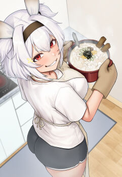 Rule 34 | 1girl, absurdres, alvis (last origin), apron, ass, black hairband, black shorts, blush, breasts, commentary request, commission, dryseaweed, grin, hair ornament, hairband, highres, indoors, kitchen, korean commentary, large breasts, last origin, oven mitts, pixiv commission, red eyes, rug, shirt, short shorts, short sleeves, shorts, sidelocks, smile, solo, star (symbol), star hair ornament, steam, t-shirt, white hair, white shirt, wooden floor