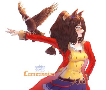 Rule 34 | 1girl, absurdres, animal ears, animal on arm, bird, bird on arm, blue eyes, blue skirt, breasts, brown hair, coat, commission, domino mask, ear scrunchie, el condor pasa (el numero 1) (umamusume), el condor pasa (umamusume), eye mask, hair between eyes, hawk, highres, horse ears, horse girl, itssubito, jacket, long hair, long sleeves, mambo (umamusume), mask, open mouth, pleated skirt, ponytail, red coat, red jacket, shirt, simple background, skirt, smile, umamusume, yellow shirt