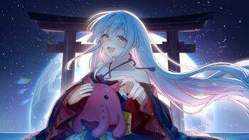 1girl absurdres bare_shoulders blue_eyes blue_nails blush cho_kaguya-hime! commentary_request floating_hair full_moon highres long_hair long_sleeves looking_at_viewer moon octopus open_mouth reaching reaching_towards_viewer runami_yachiyo sky star_(sky) starry_sky straight_hair tears torii two-tone_kimono upper_body white_hair yuin_(yuin81015)