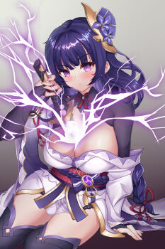 1girl absurdres arm_support armor bare_shoulders black_panties blurry blurry_background blush boots braid breasts bridal_gauntlets chinese_commentary cleavage collarbone commentary drawing_sword electricity eyelashes fan_hair_ornament floral_print flower genshin_impact glowing glowing_sword glowing_weapon gradient_background grey_background hair_ornament hand_up highres holding holding_sword holding_weapon human_scabbard japanese_clothes kimono large_breasts long_hair long_sleeves looking_at_viewer low-braided_long_hair low-tied_long_hair mitsudomoe_(shape) mole mole_under_eye musou_isshin_(genshin_impact) mz_(yeye_ai_chipao_mian) neck_ribbon obi obiage obijime off_shoulder panties purple_boots purple_eyes purple_flower purple_hair purple_kimono raiden_shogun red_ribbon ribbon sash shiny_skin short_kimono shy sidelocks sitting solo sword sword_between_breasts tassel tatami thigh_boots thighhighs tomoe_(symbol) underwear very_long_hair weapon wide_sleeves yokozuwari