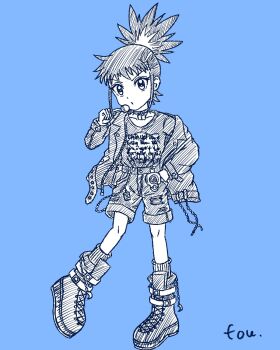 Rule 34 | 1girl, boots, candy, digimon, digivice, food, fou oekaki, jacket, lollipop, makino ruki, ponytail, short hair, shorts