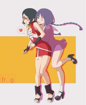 Rule 34 | 2girls, bare legs, belt, black eyes, black hair, boruto: naruto next generations, braid, breasts, collared dress, dress, english text, gloves, groping, groping breast, heart, high heels, hug, hug from behind, kakei sumire, leg up, long hair, long sleeves, multiple girls, naruto (series), neckerchief, one eye closed, panties, panty peek, purple dress, purple eyes, purple hair, red dress, sailor collar, shirt, short hair, short sleeves, socks, striped clothes, striped shirt, tassel, thighs, twin braids, uchiha sarada, underwear, white panties, wink, wrist cuffs, yellow neckerchief, yuri
