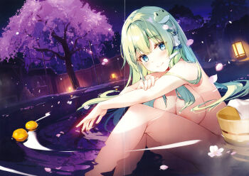 1girl absurdres bathing blue_eyes blush breasts closed_mouth completely_nude crease falling_petals food frog_hair_ornament fruit green_hair hair_ornament hair_tubes highres kochiya_sanae large_breasts long_hair looking_at_viewer miyase_mahiro night night_sky nude onsen orange_(fruit) outdoors partially_submerged petals ripples scan single_hair_tube sky smile snake_hair_ornament solo third-party_source touhou translation_request tree water
