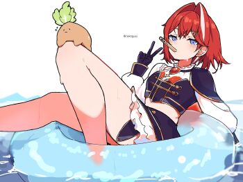 Rule 34 | 1girl, :3, ange katrina, bare legs, blue eyes, blush, breasts, cape, commentary request, creature, creature on leg, double-parted bangs, feet out of frame, gem, gloves, gold trim, gradient eyes, hair intakes, hair ornament, hand up, highres, idol clothes, innertube, knee up, layered shirt, layered skirt, leaning back, long sleeves, looking at viewer, mandragora, mandragora (ange katrina), medium hair, midriff, miniskirt, mouth hold, multicolored eyes, multicolored hair, neko kai-san, nijisanji, nijisanji idol uniform, popsicle stick, puffy long sleeves, puffy sleeves, purple cape, purple eyes, purple gloves, purple shirt, purple skirt, red gem, red hair, shirt, side cape, skirt, sleeve cuffs, sleeves past wrists, small breasts, solo focus, streaked hair, sweat, swim ring, thigh strap, translation request, transparent innertube, triangle hair ornament, twitter username, two-tone hair, v, virtual youtuber, water, white background, white hair, white shirt, white skirt