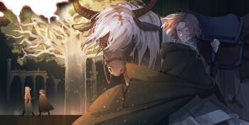 Rule 34 | 1girl, 1other, animal, astrologer (elden ring), brown hair, cape, elden ring, erdtree (elden ring), facial tattoo, floating hair, green cape, greiilock, highres, holding, holding staff, hood, hood down, hood up, hooded cape, horns, horse, melina (elden ring), one eye closed, staff, tarnished (elden ring), tattoo, torrent (elden ring), yellow eyes