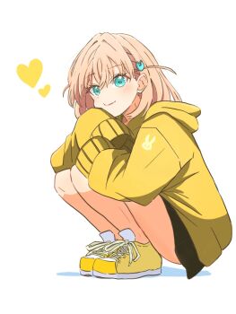 1girl black_skirt closed_mouth commentary full_body heart highres hinoshita_kaho hood hood_down hoodie link!_like!_love_live! loafers long_sleeves love_live! miniskirt orange_hair pleated_skirt shoes simple_background skirt slav_squatting sleeves_past_fingers sleeves_past_wrists smile solo split_mouth squatting uki-myan virtual_youtuber white_background yellow_hoodie yellow_shoes