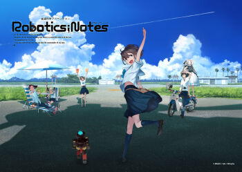 2boys 4girls airfield airport arm_up arms_up barefoot belt belt_buckle belt_pouch black_bow blonde_hair blue_bow blue_sky blue_socks bow brown_belt brown_hair brown_shoes buckle chest_bow chuo_tanegashima_high_school_uniform clothes_lift cloud cloudy_sky contrail copyright_name cumulonimbus_cloud daitoku_junna fukuda_tomonori glasses hair_bow hidaka_subaru highres hill holding holding_tablet_pc kneehighs koujiro_frau leather_belt loafers long_skirt looking_afar midriff miniskirt motor_vehicle motorcycle multiple_boys multiple_girls non-web_source official_art open_mouth outdoors palm_tree parasol pleated_skirt pouch ribbon robotics;notes sailor_collar school_uniform science_adventure scooter senomiya_akiho shade shading_eyes shadow shirt shirt_lift shoes short_sleeves sitting skirt sky sleeping smile sneakers socks summer summer_uniform tablet_pc tanegashima_airport tanegashimachine-3 teeth text_focus thighs title toy_robot tree twintails umbrella upper_teeth_only white_belt white_sailor_collar white_shirt yashio_kaito yukifune_airi