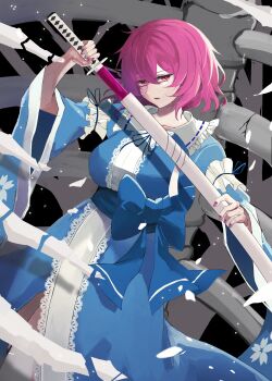 1girl absurdres arm_cuffs black_background blue_kimono blue_ribbon blue_sash bone bow clothing_cutout collared_dress commentary dress floral_print highres holding holding_sword holding_weapon japanese_clothes katana kimono kuro_wa_shinoru long_sleeves pink_eyes pink_hair ribbon ribs saigyouji_yuyuko sash sheath short_hair sword touhou unsheathing waist_bow weapon wide_sleeves