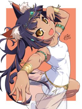1girl ancient_egyptian animal_ear_fluff animal_ears artist_name bare_shoulders black_hair blue_eyeshadow blush_stickers border bracelet breasts cat_ears commentary_request cowboy_shot dark-skinned_female dark_skin eyeshadow fang forehead_jewel foreshortening from_side highres if_you_want_to_become_a_godly_artist_(trend) jewelry long_hair looking_at_viewer looking_to_the_side makeup one-piece_swimsuit open_mouth orange_background original oshinobi_shinobu outside_border outstretched_arm school_swimsuit simple_background skin_fang small_breasts smile solo swimsuit white_border white_one-piece_swimsuit yellow_eyes