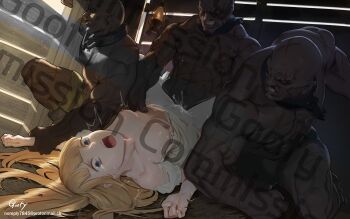 1girl 3boys absurdres angry artist_name black_skin blonde_hair blue_eyes blunt_bangs bound bound_wrists breasts breasts_out carriage colored_skin commission crying crying_with_eyes_open cum cum_in_pussy cum_overflow dark-skinned_male dark_skin day dress dutch_angle ejaculating_while_penetrated ejaculation email_address female_focus from_below functionally_nude goofy_(goldgoofy357) highres indoors lamp multiple_boys muscular muscular_male nipples nude open_mouth original pinned pinned_down rape restrained scar scar_on_arm scar_on_chest scar_on_face scar_on_head scar_on_leg scar_on_shoulder scared screaming sidelighting slave small_breasts source_request stealth_sex tears torn_clothes torn_dress watermark white_skin