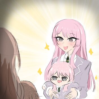 Rule 34 | 2girls, absurdres, bang dream!, bang dream! it's mygo!!!!!, blush, brown hair, character doll, chihaya anon, chinese commentary, commentary request, doll, fang, grey eyes, grey jacket, haneoka school uniform, highres, jacket, jo8blhrvkta6duw, long hair, long sleeves, multiple girls, nagasaki soyo, open mouth, pink hair, school uniform, skin fang