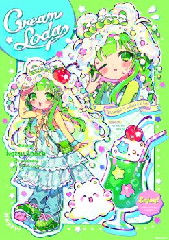 Rule 34 | 1girl, absurdres, animal ears, blush, cherry, dress, food, fruit, green eyes, green hair, green shoes, highres, ice cream, ice cream float, long hair, long sleeves, looking at viewer, multiple views, natsu enoch, one eye closed, open mouth, original, personification, shoes, smile