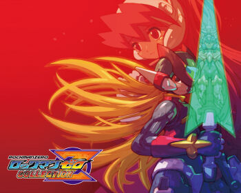 1girl 2boys android blonde_hair capcom ciel_(mega_man) copy_x_(mega_man) izuru_(timbermetal) mega_man_(series) mega_man_zero_(series) multiple_boys nakayama_tooru official_art sword weapon z-saber zero(z)_(mega_man) zero_(mega_man)