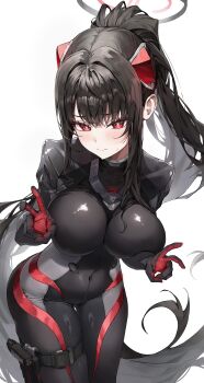 1girl 46_coffee absurdres bent_v black_bodysuit black_hair blue_archive blush bodysuit breasts bright_pupils commentary covered_navel double_v gun halo handgun headgear high_ponytail highres holster large_breasts long_hair looking_at_viewer official_alternate_costume ponytail red_eyes ringed_eyes rio_(armed)_(blue_archive) rio_(blue_archive) simple_background solo sweatdrop thigh_holster v very_long_hair weapon white_background white_pupils
