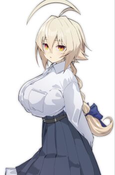 1girl ahoge arms_behind_back belt blazblue blonde_hair breast_pocket breasts collared_shirt commentary_request es_(xblaze) hair_ribbon highres large_breasts long_braid long_skirt long_sleeves looking_at_viewer nueshinmei pocket ribbon shirt skirt solo white_background white_shirt xblaze yellow_eyes