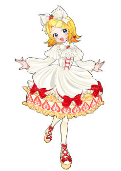 1girl :d absurdres accurate_lolita_coord alternate_costume blonde_hair blue_eyes blush bow braid cake cake_print commentary_request dress fashion food food-themed_clothes food_print frilled_dress frills fruit fruit_print full_body hair_bow hair_ornament hairclip highres kagamine_rin leggings lolita_fashion looking_to_the_side medium_hair open_mouth red_bow shoes simple_background smile solo standing strawberry strawberry_print strawberry_shortcake sugarmonaka sweet_lolita tachi-e vocaloid white_background white_bow white_dress white_leggings yellow_shoes