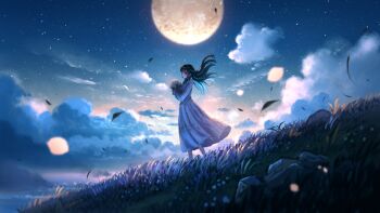 1girl closed_mouth cloud cloudy_sky commentary_request floating_hair flower_pot from_side full_moon grass highres holding holding_flower_pot long_hair long_skirt long_sleeves looking_at_viewer moon night original outdoors petals plant potted_plant scenery shirt shuu_illust skirt sky smile solo standing star_(sky) starry_sky