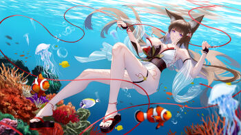 1girl absurdres amagi_(azur_lane) amagi_(wending_waters_serene_lotus)_(azur_lane) animal_ears areola_slip azur_lane bikini blunt_bangs breasts brown_sash colored_inner_hair convenient_censoring fish fox_ears fox_girl frozen-sad full_body highres jellyfish kitsune large_breasts long_hair multicolored_hair nipples official_alternate_costume untied_bikini open_clothes platform_footwear purple_eyes see-through_clothes string swimsuit thick_eyebrows thigh_strap underwater untied_bikini white_bikini