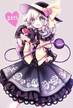 1girl 2018 black_bow black_bowtie black_gloves black_hat bow bowtie commentary_request dated eyeball floral_print frilled_shirt_collar frilled_sleeves frills gloves green_eyes green_hair hat hat_ribbon heart heart-shaped_pupils heart_hands komeiji_koishi long_sleeves miy_001 open_mouth print_skirt ribbon rose_print shirt skirt sleeve_bow smile solo symbol-shaped_pupils third_eye touhou twitter_username wide_sleeves yellow_ribbon yellow_shirt