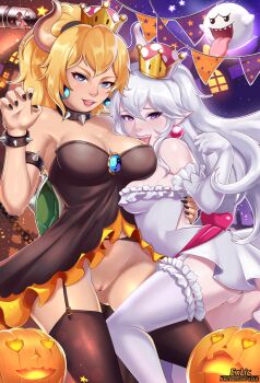 2019 2girls arm_around_waist artist_logo artist_name ass banzai_bill blonde_hair blue_eyes blush boo_(mario) bowsette bracelet breast_press breasts cleavage collar crown dress earrings exlic garter_belt gem hair_between_eyes halloween highres horns jack-o'-lantern jewelry large_breasts leg_between_thighs licking licking_breast logo long_hair looking_at_viewer luigi's_mansion mario_(series) multiple_girls new_super_mario_bros._u_deluxe night nintendo no_bra no_panties open_mouth outdoors pale_skin patreon_username pink_eyes pointy_ears ponytail princess_king_boo public_indecency pumpkin pussy queen sharp_teeth sky small_breasts smile sphere_earrings spiked_bracelet spiked_collar spikes standing star_(symbol) super_crown teeth thighhighs tongue tongue_out uncensored variant_set watermark web_address white_hair yuri