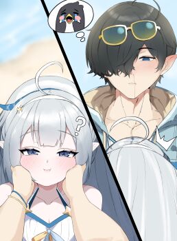 1boy 1girl ? ^^^ absurdres ahoge aroused_nosebleed bare_shoulders beach bikini bikini_ribbon black_hair blood blue_eyes blue_hairband blue_jacket blurry blush bracelet breasts cheek_press cleavage collarbone commentary crying_emoji day depth_of_field double-parted_bangs emoji english_commentary eyewear_on_head female_tyrant_(stella_sora) from_behind green-tinted_eyewear grey_hair hair_between_eyes hair_ornament hair_over_one_eye hairband hands_on_another&#039;s_face hands_on_own_cheeks hands_on_own_face highres iruka3024 jacket jewelry long_hair looking_at_another male_focus male_tyrant_(stella_sora) multiple_views nosebleed ocean outdoors pink_lips pointy_ears pov pov_hands ribbon selfcest short_hair small_breasts speech_bubble star_(symbol) stella_sora sunglasses swimsuit symbol-shaped_pupils thought_bubble tinted_eyewear two-sided_fabric two-sided_jacket two-tone_ribbon tyrant_(stella_sora) upper_body very_long_hair white_bikini yellow-framed_eyewear