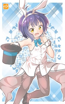 1girl animal_ears black_shoes blue_background blue_hair blush commentary_request gochuumon_wa_usagi_desu_ka? hat high_heels highres holding holding_unworn_clothes holding_unworn_hat jouga_maya leotard open_mouth pantyhose playboy_bunny rabbit_ears rabbit_tail shoes solo tail takecho top_hat unworn_hat unworn_headwear white_leotard wrist_cuffs yellow_eyes