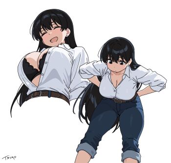 1girl :d ^_^ arato_nagi arms_behind_back artist_name belt bent_over black_bra black_hair blue_pants bra breasts brown_belt cleavage closed_eyes collared_shirt commentary cropped_legs denim dress_shirt earrings english_commentary feet_out_of_frame highres jeans jewelry large_breasts long_hair looking_down multiple_views open_mouth pants pants_rolled_up partially_unbuttoned ruri_no_houseki shirt shirt_tucked_in simple_background smile stud_earrings tsunoart underwear white_background