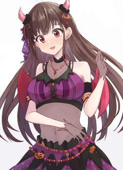 Rule 34 | 1girl, @ @, andon, blush, breasts, brown hair, cleavage, collarbone, gloves, grey gloves, halloween costume, highres, idolmaster, idolmaster shiny colors, long hair, looking at viewer, medium breasts, navel, nervous sweating, purple skirt, red hair, see-through clothes, simple background, skirt, solo, sonoda chiyoko, sweat, very long hair, white background