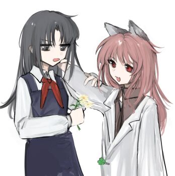 angelia_(girls&#039;_frontline) animal_ears brown_shirt cat_ears cheek_pinching five-leaf_clover flower girls&#039;_frontline grey_eyes grey_hair highres holding holding_flower lab_coat meijingde1342 necktie persica_(girls&#039;_frontline) pinching pink_hair red_eyes red_necktie school_uniform shirt soviet_school_uniform tie_clip white_background white_shirt