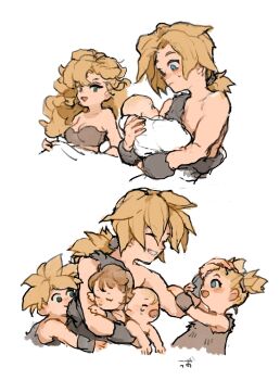 ayla_(chrono_trigger) baby bald blonde_hair blue_eyes carrying_baby carrying_person child chrono_trigger fluffy_hair fur_(clothing) fur_wrist_cuffs highres kino_(chrono_trigger) long_hair multiple_boys multiple_girls ponytail short_ponytail short_twintails simple_background smile twintails uzutanco white_background wrist_cuffs