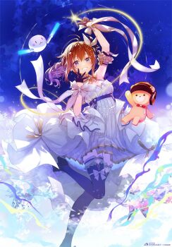 Rule 34 | 1girl, :d, amagai tarou, ankimo (tokino sora), arm garter, arm up, black shoes, blue eyes, blue thighhighs, braid, braided ponytail, brown hair, commentary request, dress, frilled thighhighs, frills, gloves, grin, hair flaps, half gloves, halter dress, halterneck, hand up, high-low dress, highres, hololive, long hair, looking at viewer, official alternate costume, official alternate hairstyle, official art, open mouth, overskirt, pleated dress, ponytail, shoes, short dress, smile, thighhighs, tokino sora, tokino sora (birthday 2022), virtual youtuber, white dress