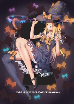 1girl 2018 abigail_williams_(fate) absurdres adapted_costume aged_up alternate_breast_size_(larger) alternate_costume bare_shoulders black_bow black_skirt blonde_hair blue_eyes bow breasts butterfly_background chain cleavage commentary_request fate/grand_order fate_(series) frilled_skirt frills glowing hair_bow hat henz highres key keyhole keyring long_bangs long_hair looking_at_viewer medium_breasts multiple_hair_bows orange_bow original polka_dot polka_dot_bow single_sock skirt socks solo witch_hat
