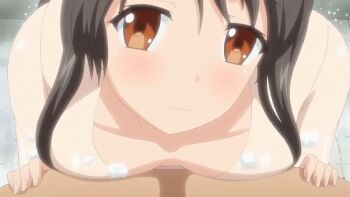 10s 1boy 1girl 2018 aged_down animated animated_gif anime_screenshot asou_miyuri blush breasts censored doki_doki_little_ooya-san facing_viewer flat_chest from_side hetero loli long_hair lowres pov see-through_clothes shampoo small_breasts smile steam washing_another wet wet_clothes wet_hair