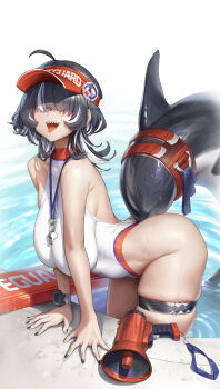 1girl absurdres ahoge bandaid bandaid_on_cheek bandaid_on_face black_hair black_nails breasts clock cowboy_shot facing_viewer fins fish_tail hair_over_eyes highres large_breasts long_bangs long_hair megaphone mole mole_on_ass mole_under_mouth multicolored_hair one-piece_swimsuit open_mouth original pool ripples shark_tail sharp_teeth short_hair speaker streaked_hair swimsuit tail teeth thick_thighs thigh_strap thighs tongue tongue_out veksoo visor_cap water wet whistle whistle_around_neck white_hair white_one-piece_swimsuit white_streaks